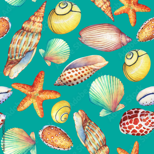 Seamless pattern with underwater life objects, isolated on turquoise background. Marine design-shell, sea star. Watercolor hand drawn painting illustration. Element for posters, greeting cards.