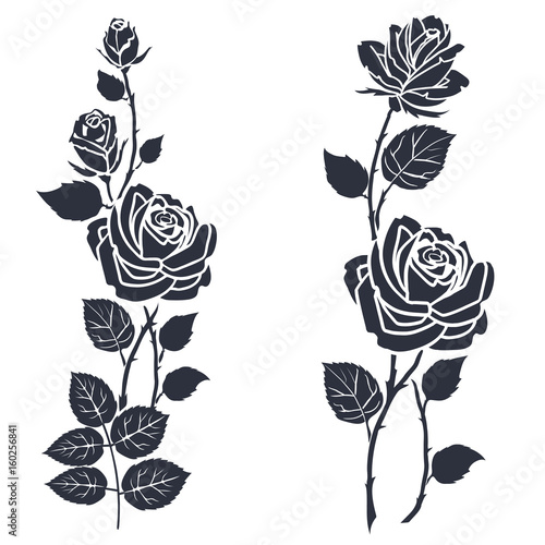 Rose tattoo. Silhouette of roses and leaves on a white background.