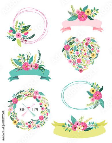 Set of cute vintage elements as rustic hand drawn first spring flowers