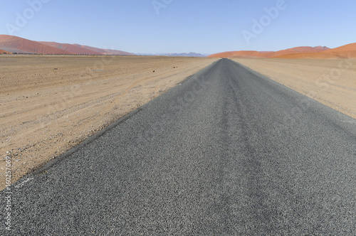 Strasse in der Namib Wueste / Gerade Strasse in der Namib Wueste bis zum Horizont, Namibia, Afrika. photo