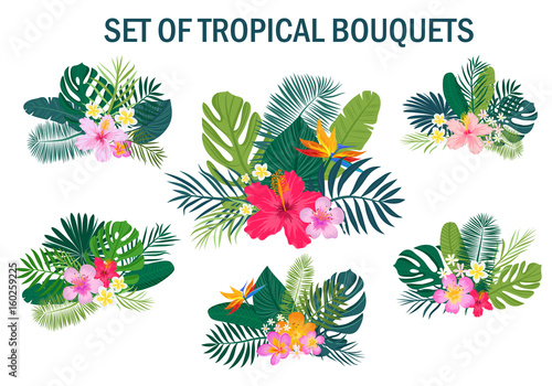Tropical seamless pattern with palm leaves and flowers