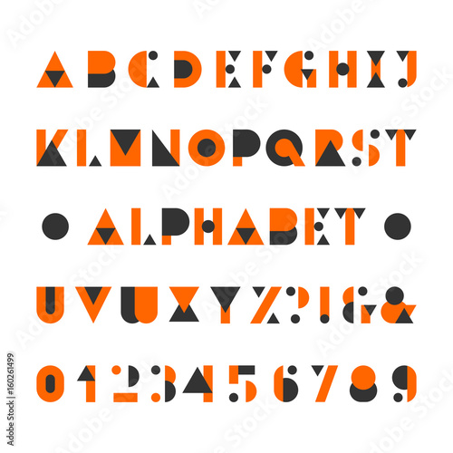 Abstract alphabet font. Geometric style letters, numbers and symbols. Vector typeface for your design.