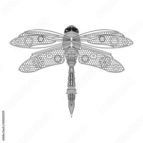 Black steampunk dragonfly on white background isolated. Hand-drawn vector illustration.