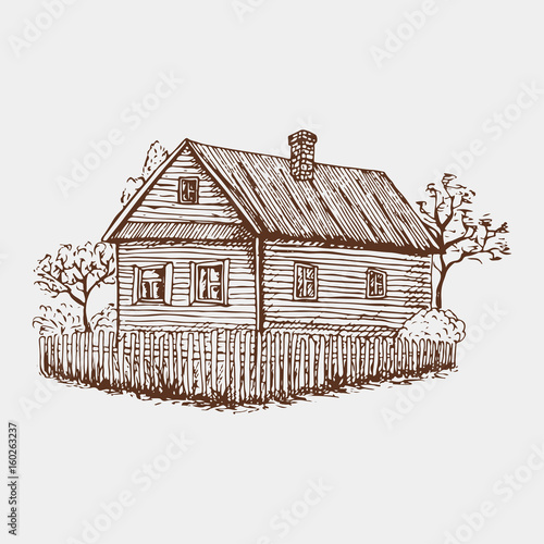 vector hand drawn village houses sketch and nature