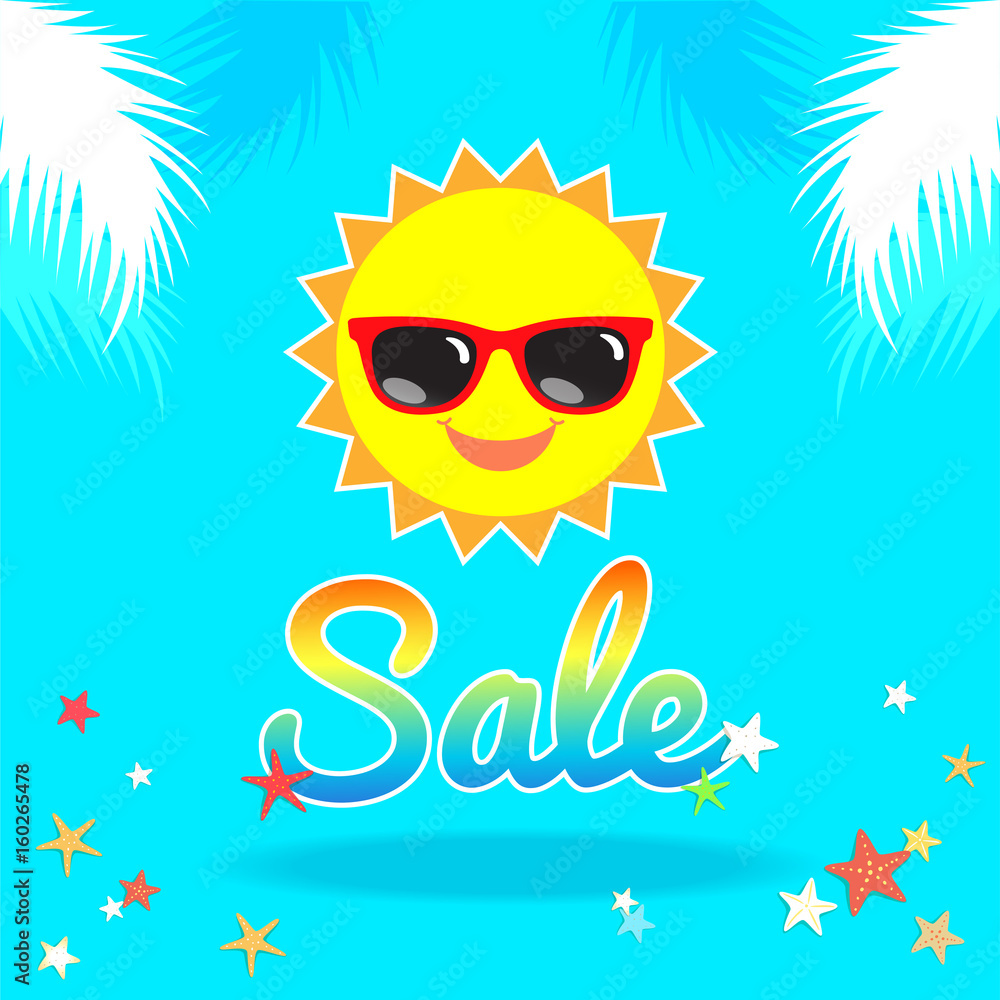 Summer sales banner or poster with smiley sun face wearing sunglasses