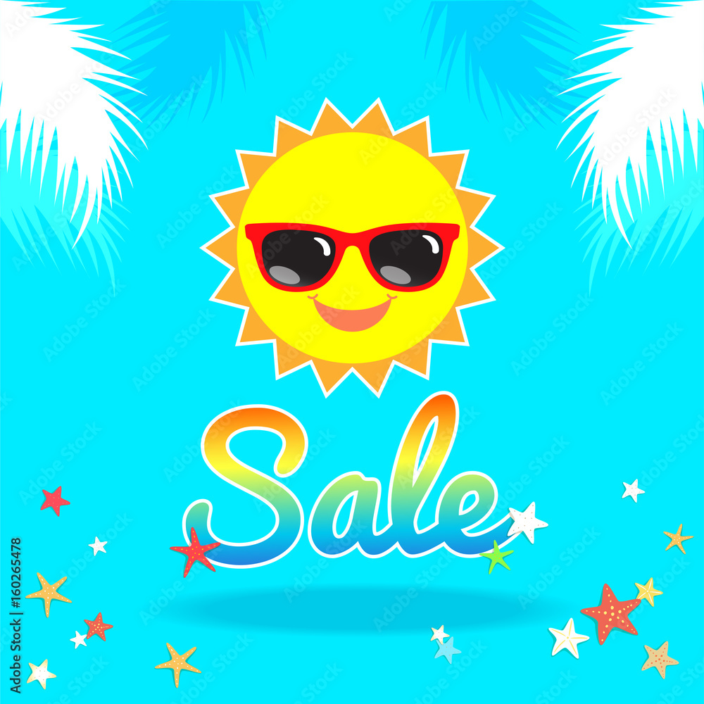 Summer sales banner or poster with smiley sun face wearing sunglasses Summer sales banner or poster with smiley sun face wearing sunglasses