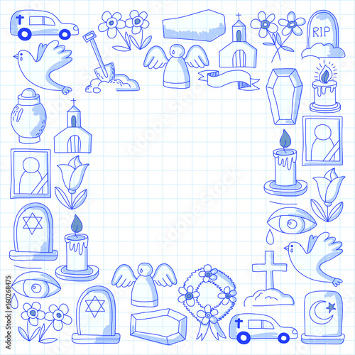 Funeral thin line icon. Set of funeral objects Doodle vector icons RIP