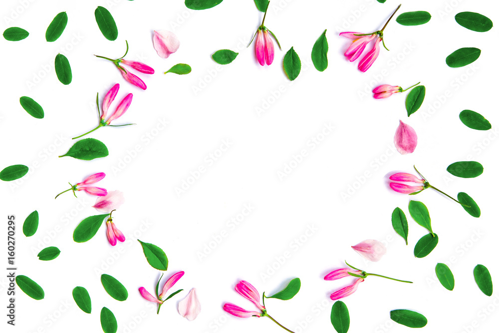 The floral pattern. The pattern of flowers. Flowers frame template pink texture flower buds and leaves on white background, top view