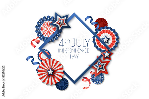 4th of July, USA Independence Day. Vector holiday frame isolated on white background. Paper stars in USA flag colors. Material design for greeting card, flyer, banner, poster.