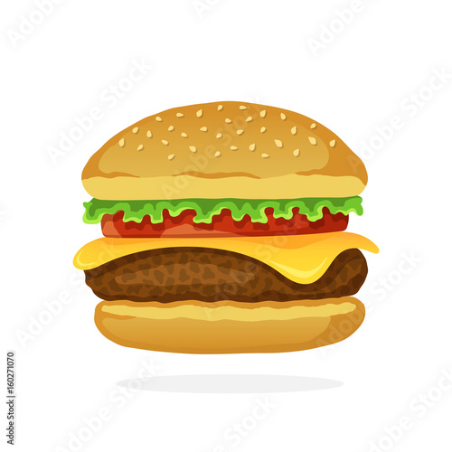 Hamburger with cheese, tomato and salad