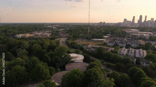 Atlanta Aerial v278 Flying low around Carter center with full cityscape views at sunset