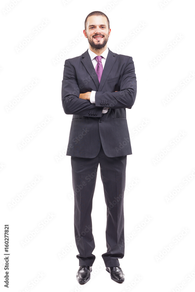 Happy smiling businessman in grey suit on white background Happy smiling businessman in grey suit on white background