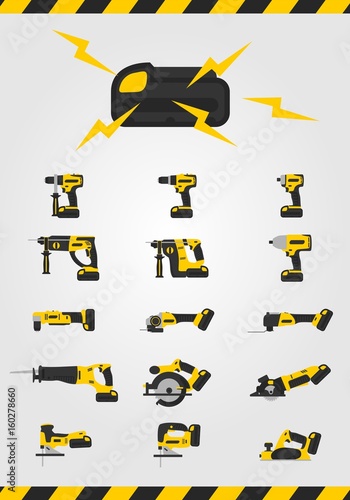 Cordless power tools with battery on white background