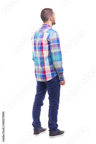 Back view of young casual man, isolated on white background