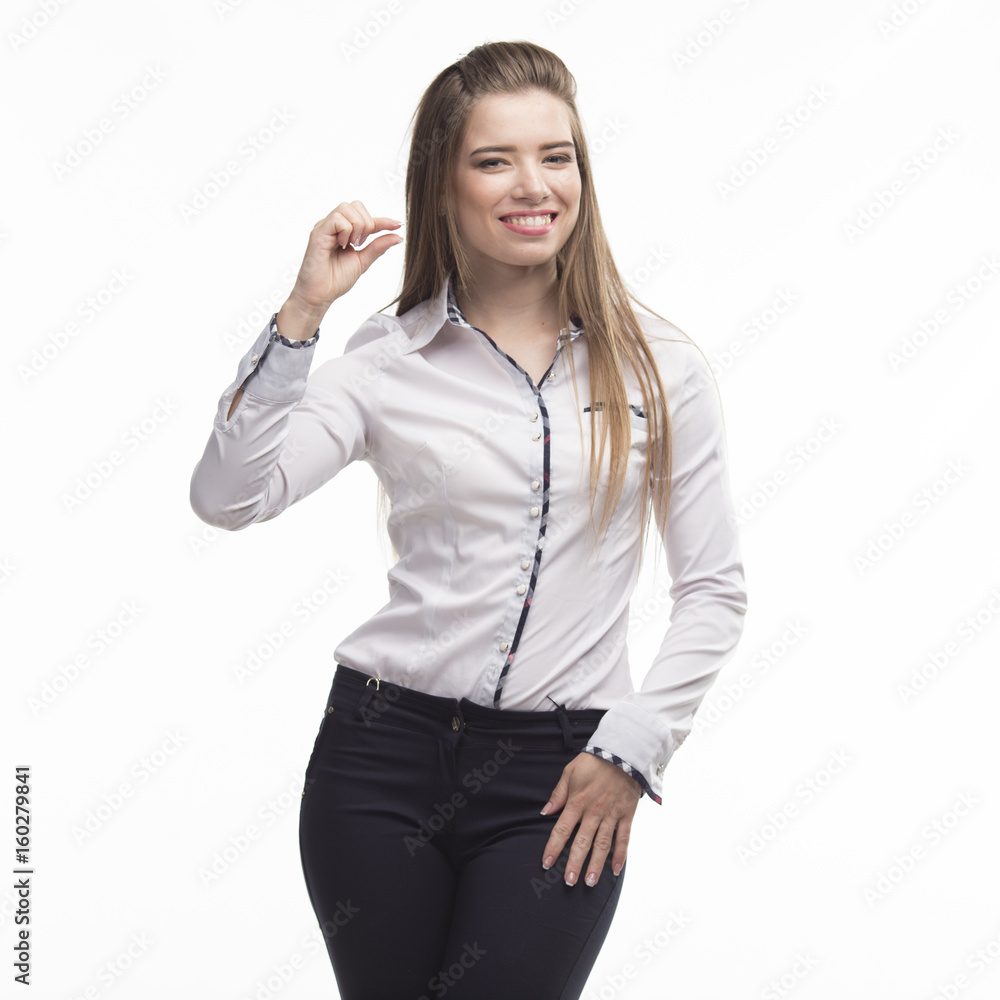 Young happy woman showing presentation, pointing on placard over Young happy woman showing presentation, pointing on placard over