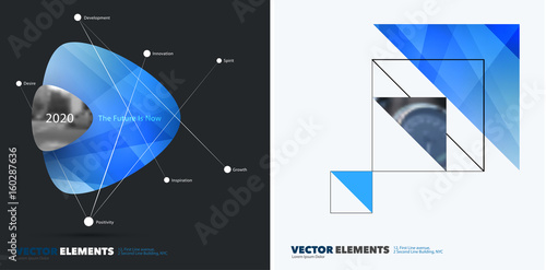 Abstract vector design elements for graphic layout. Modern business background template with blue soft triangular shapes for tech, building, urban, construction. Set