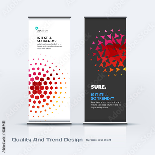 Abstract business vector set of modern roll Up Banner stand design template with colourful soft triangular shapes for tech, market, exhibition, show, expo, presentation, parade, events.