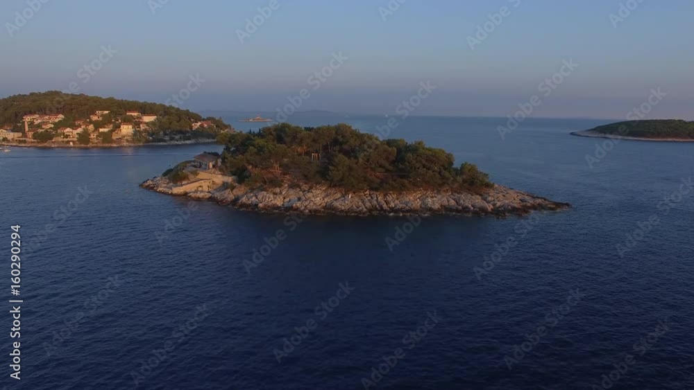 Aerial view of small island archipelago in Adriatic Sea at sunset, Croatia