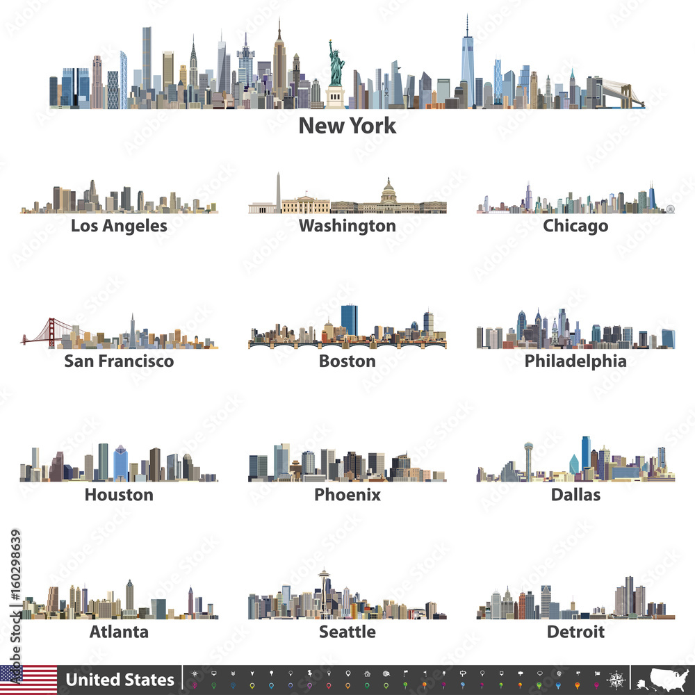 United States largest cities skylines vector illustrations. Flag and
