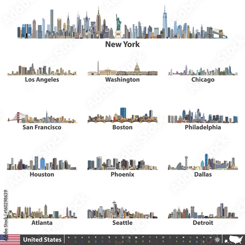 United States largest cities skylines vector illustrations. Flag and map of United States