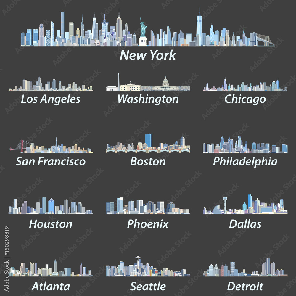 United States largest cities skylines vector illustrations in tints of blue color palette