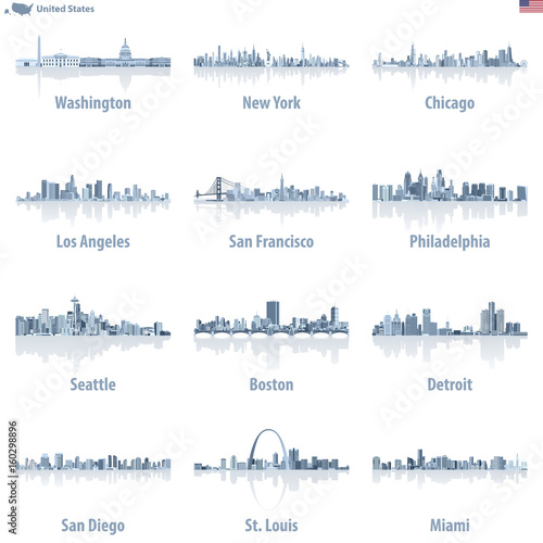 United States largest cities skylines vector illustrations in light blue color palette