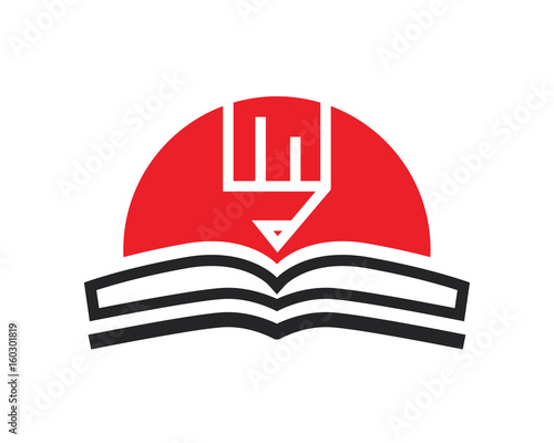 Modern Education Logo Showing Red Sun, Pencil, and Book Symbol