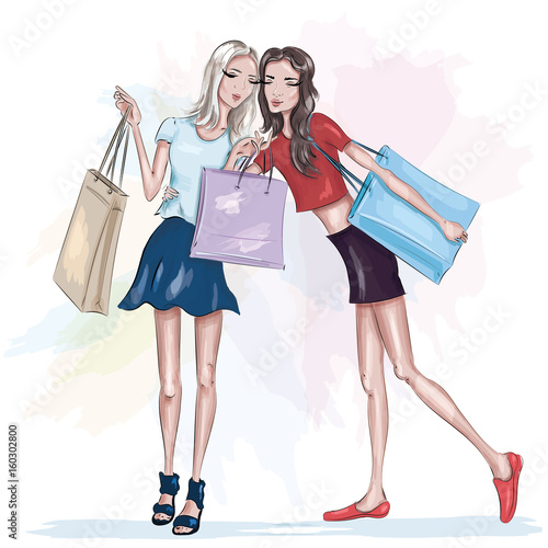 Two beautiful slim girls with shopping bags. Fashion girls. Stylish pretty women. Sketch. Vector illustration.
