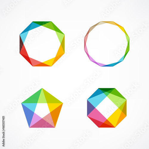 Set of minimal geometric multicolor symbols and shapes. Trendy icons and logotypes. Business signs symbols, labels, badges, frames and borders