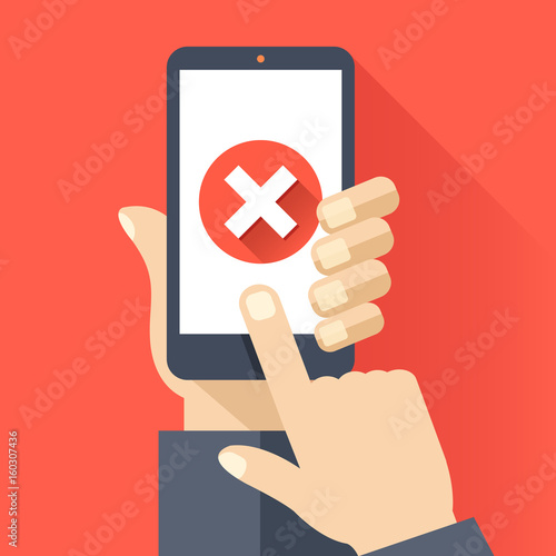 Hand holding smartphone with round red x mark icon on smartphone screen. Long shadow design. Modern flat design vector illustration