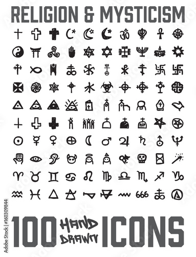 Set of 100 Religion and Mysticism hand drawn   doodled icons. You can see religion and zodiac signs and more  Grouped  ready to quick use 