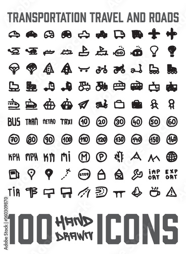 Set of 100 Transportation themed hand drawn   doodled icons. You can see various vehicles  street signs and more. Grouped  ready to quick use 