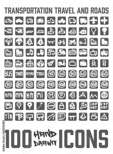 Set of 100 Transportation themed hand drawn / doodled icons. You can see various vehicles, street signs and more. Grouped, ready to quick use!