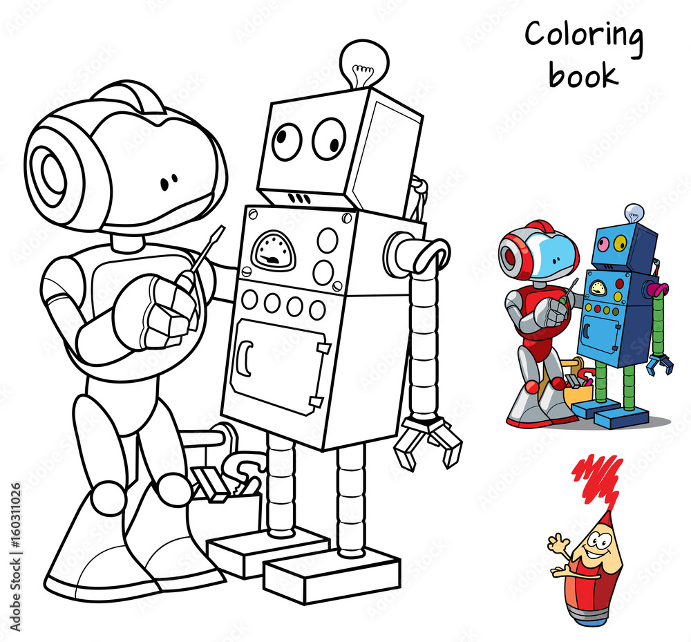 New robot with a screwdriver repairs an obsolete broken robot. Coloring  book. Cartoon vector illustration Stock Vector | Adobe Stock