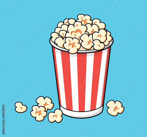 Popcorn in a red striped bucket box.