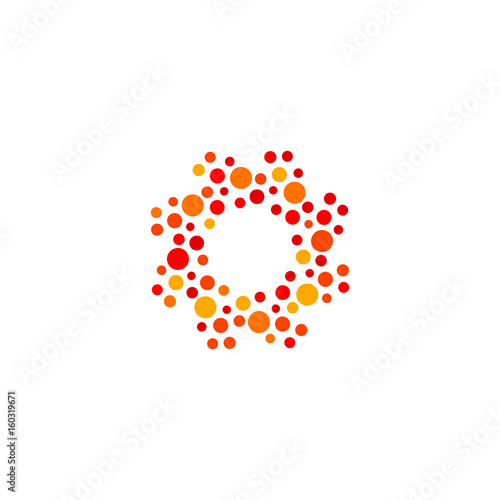 Isolated abstract round shape orange and red color logo, dotted stylized sun logotype on white background vector illustration