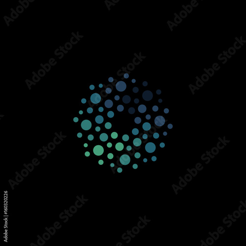 Isolated abstract round shape blue color logo, dotted logotype, water element vector illustration on black background