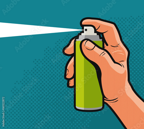 Spray in hand. Comics style design. Cartoon vector illustration