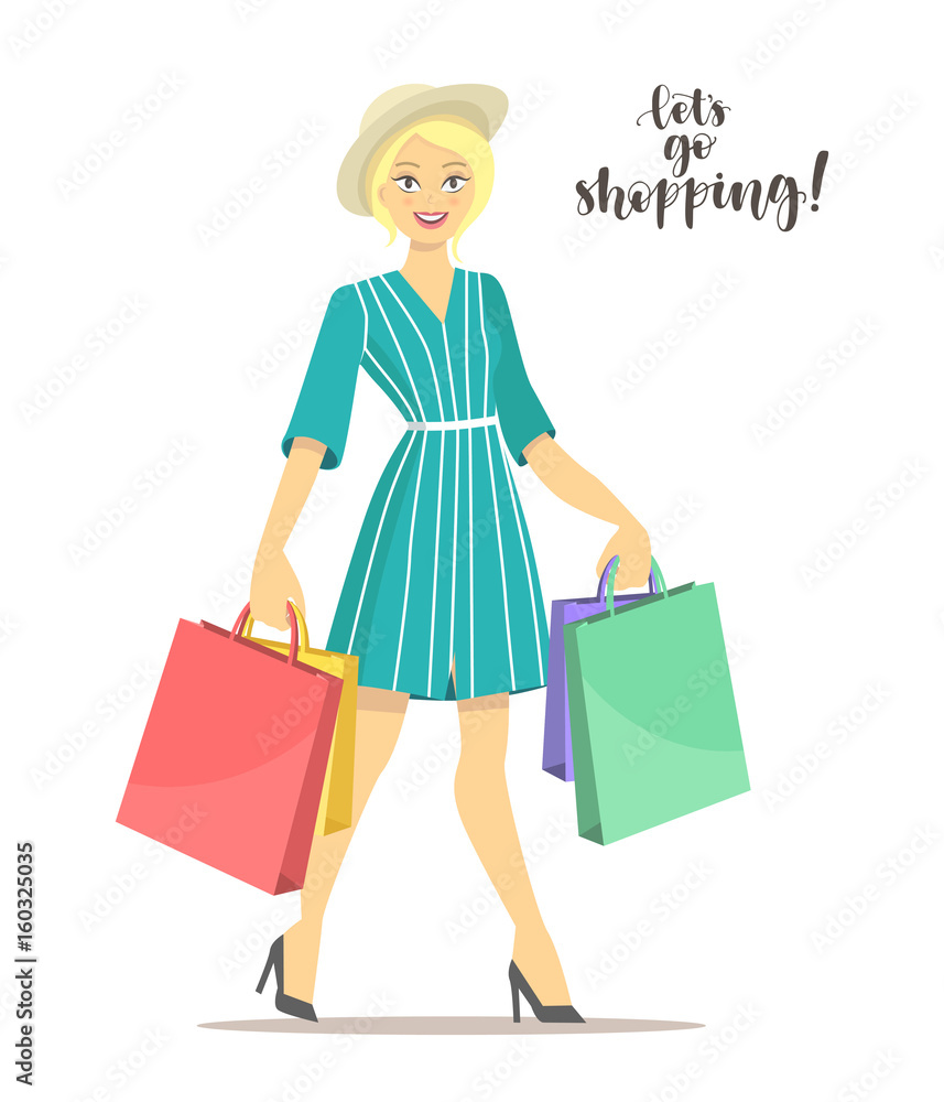 Happy shopper. Beautiful blonde girl holds packages. Big Sale. Vector illustration of a flat design with handwritten calligraphy let's go shopping! Happy shopper. Beautiful blonde girl holds packages. Big Sale. Vector illustration of a flat design with handwritten calligraphy let's go shopping!