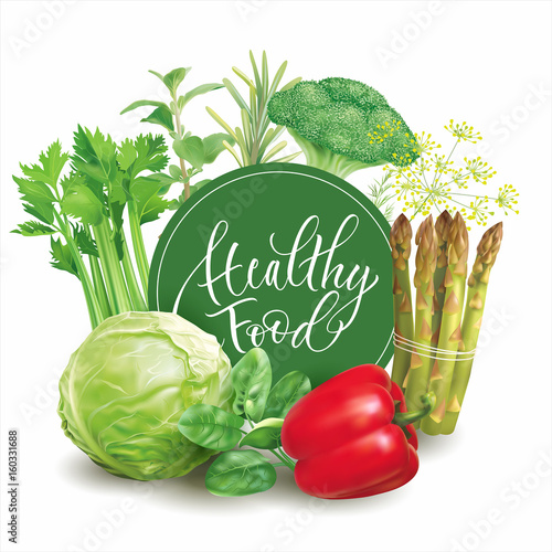 Composition with vegetables and herbs. Template for healthy food advertising. Vector illustration.