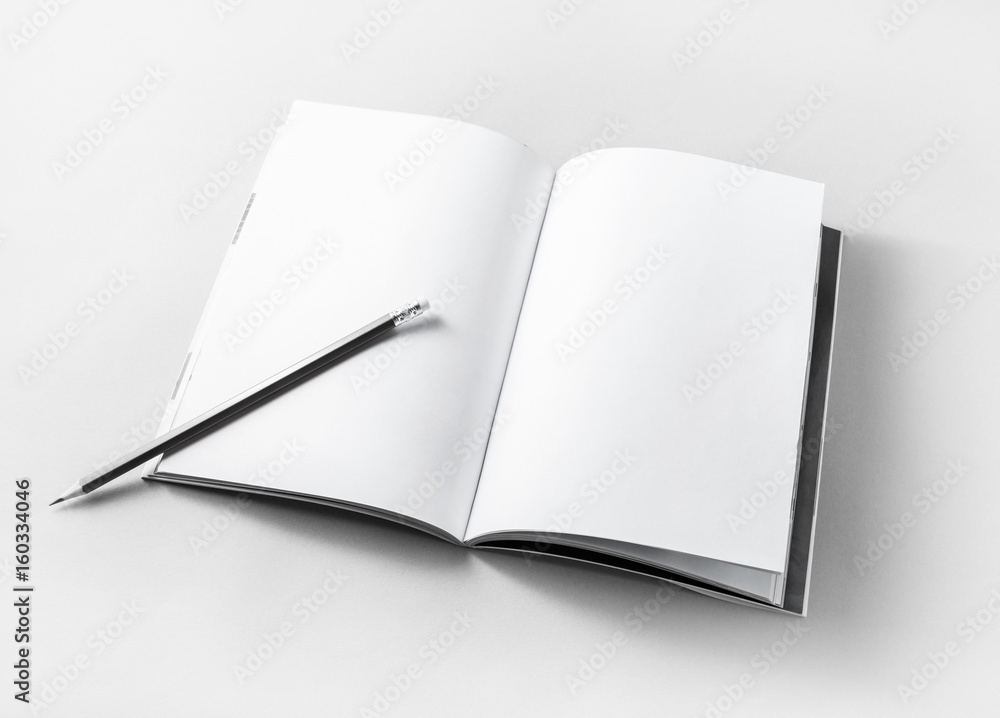 Blank opened book and pencil on paper background. Template for placing your design. Responsive design mockup. Blank opened book and pencil on paper background. Template for placing your design. Responsive design mockup.