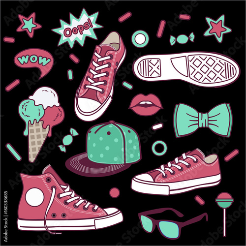 A set of youth fashion templates for a pattern. Set of stickers: cap, bow tie, ice cream, candy, replica, lollipop,sneaker,glasses, star.