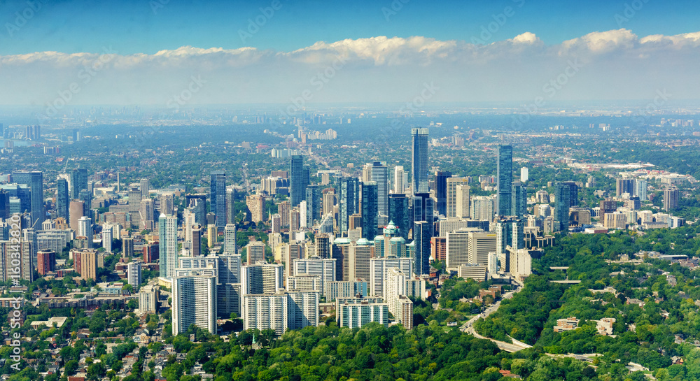 Panoramic, city and elevated view at day, Toronto, Ontario, Canada.