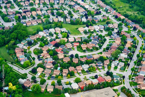 Photography Aerial view of houses in residential suburb, Toronto, Ontario, Canada