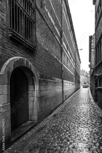 View along narrow street of buildings and cobbles  black and white  Belgium.