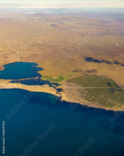 Aerial view of sea, coastline and landscape, high angle view, Iceland, Europe.