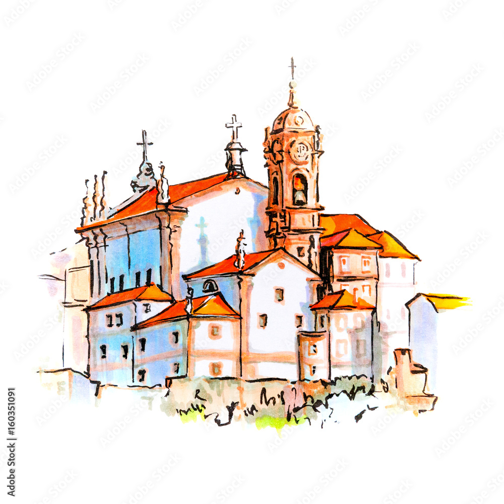Scenic city view of Typical Portuguese houses and church in Porto, Portugal. Picture made markers