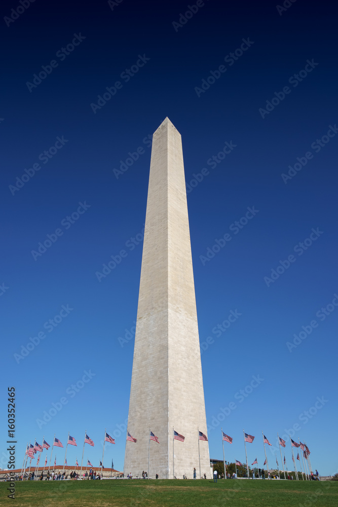 Distant view of Washington obelisk encircled with flags, Washington DC, USA.