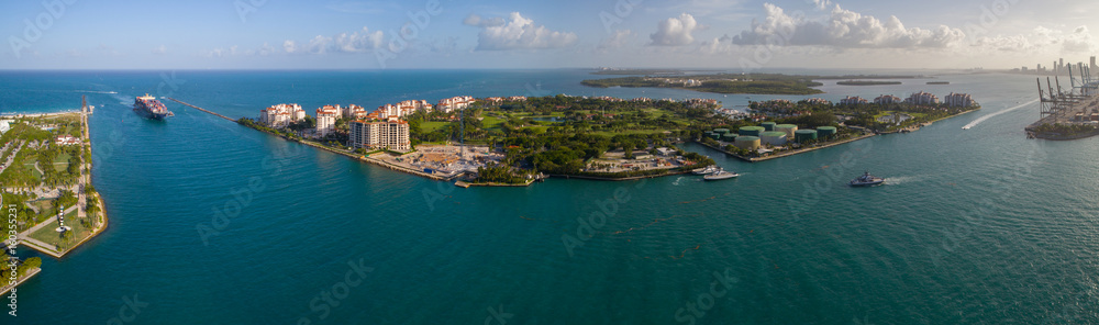 Aerial panorama Fisher Island Miami Beach
