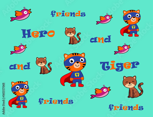 Fototapeta Naklejka Na Ścianę i Meble -  tiger and friends. vector cartoon pattern